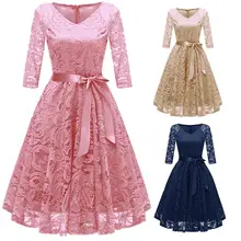 Robe Vintage en dentelle florale pour femmes, robe de demoiselle d'honneur, ceinture à cravate avec ruban, tenue de soirée, tenue de jour  (4)