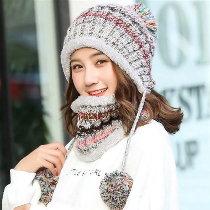

Imixlot New Multi Functional Winter Pompoms Girls Knitted Wool Warm Cap Women Thick Windproof Hat Scarf Set Accessories