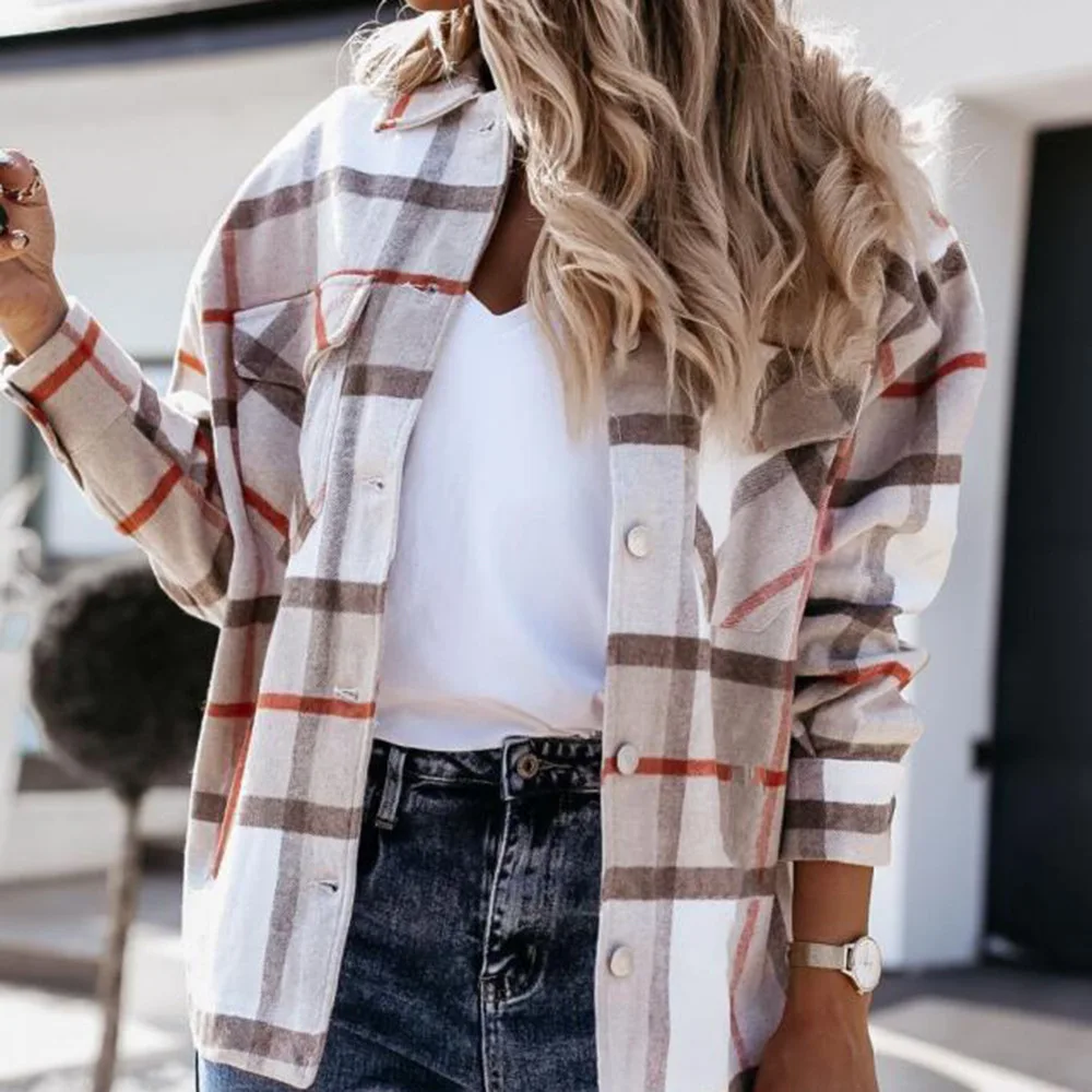 

Overized Women Plaid Shirt Jacket Turn-down Collar Long Sleeve Autumn Winter Warm Thick Shirts Tops Female 2021 New Chic Outwear