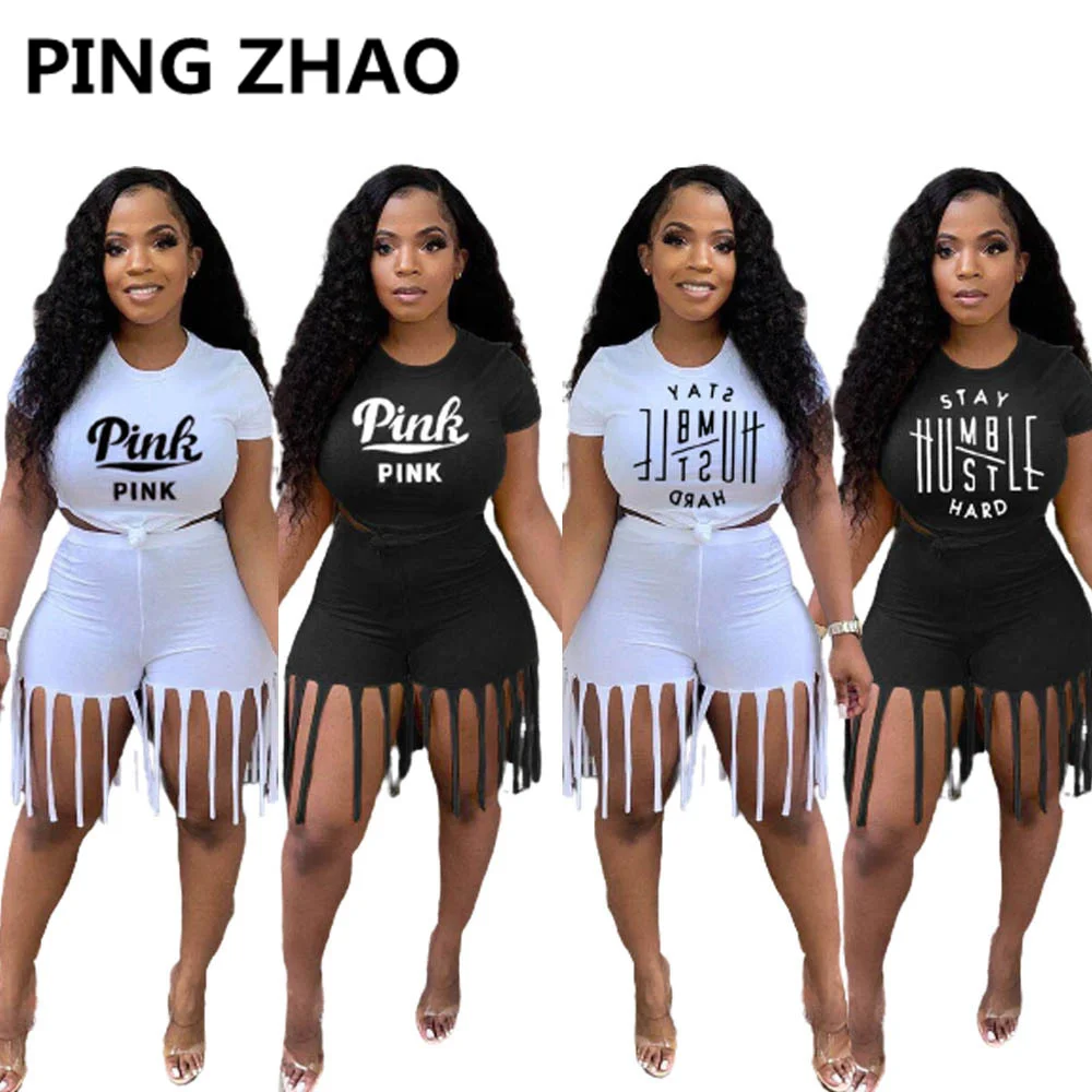 

Женский Повседневный комплект из 2 предметов PING ZHAO, футболка с коротким рукавом, топ и шорты с кисточками, летний модный спортивный костюм