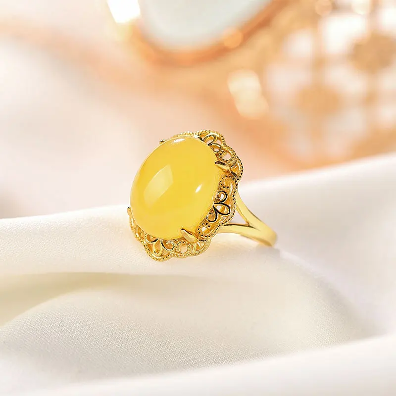 

Новинка кольца из серебра S925 пробы Позолоченные натуральные Янтарь из воска милые элегантные полые узорчатые кольца в форме яйца ювелирные...