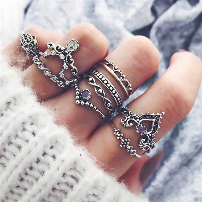 

Retro Fashion Geometric Purple Diamond Gem Hollow Joint Ring 10 Pcs/Set Accessories for Women Jewelry