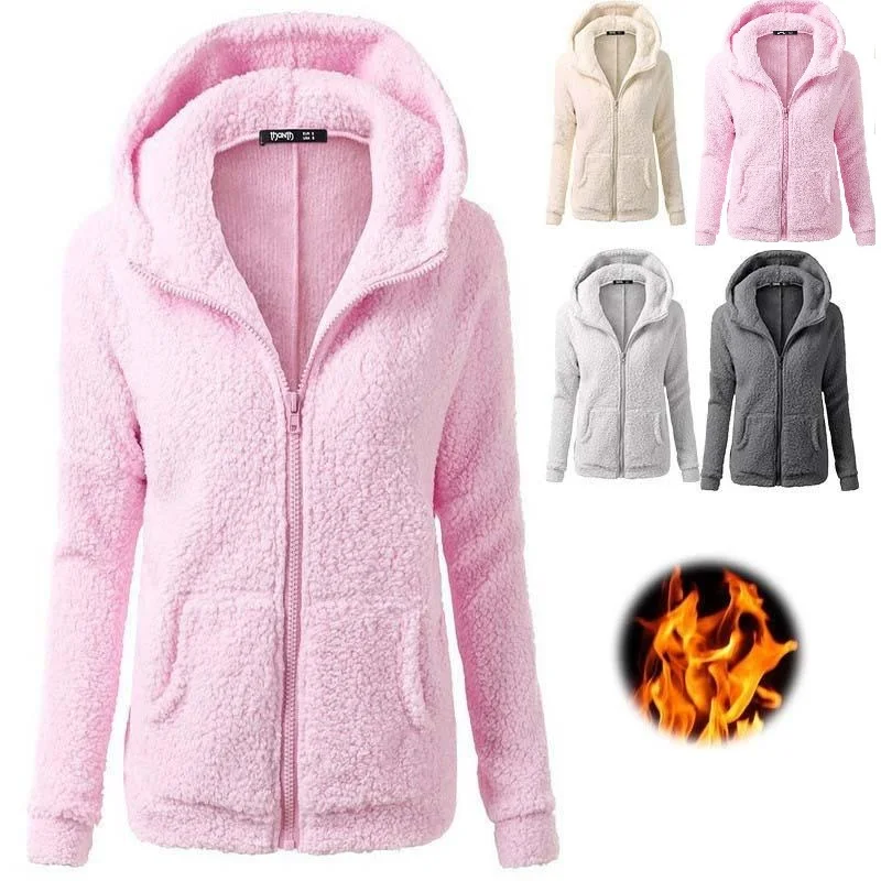 Women Fleece Sweatshirt Autumn Warm Soft Thicken Hooded Jackets Fashion Solid Zipper Long Sleeve Female Outwear Plus Size