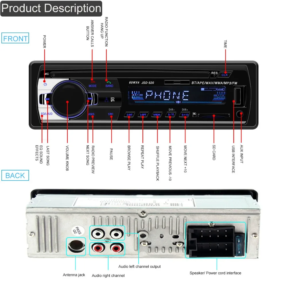 Автомагнитола jsd 520 12 в Bluetooth, автомобильный стерео In-dash 1 Din, FM, Aux вход, поддержка Mp3/MP4, USB, MMC, WMA, AUX IN, TF, автопроигрыватель