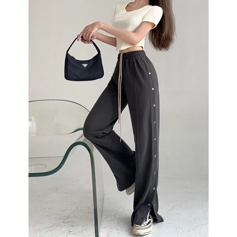 

side-breasted trousers 2021 new loose straight button casual sports pants high waist style men and women same style pants