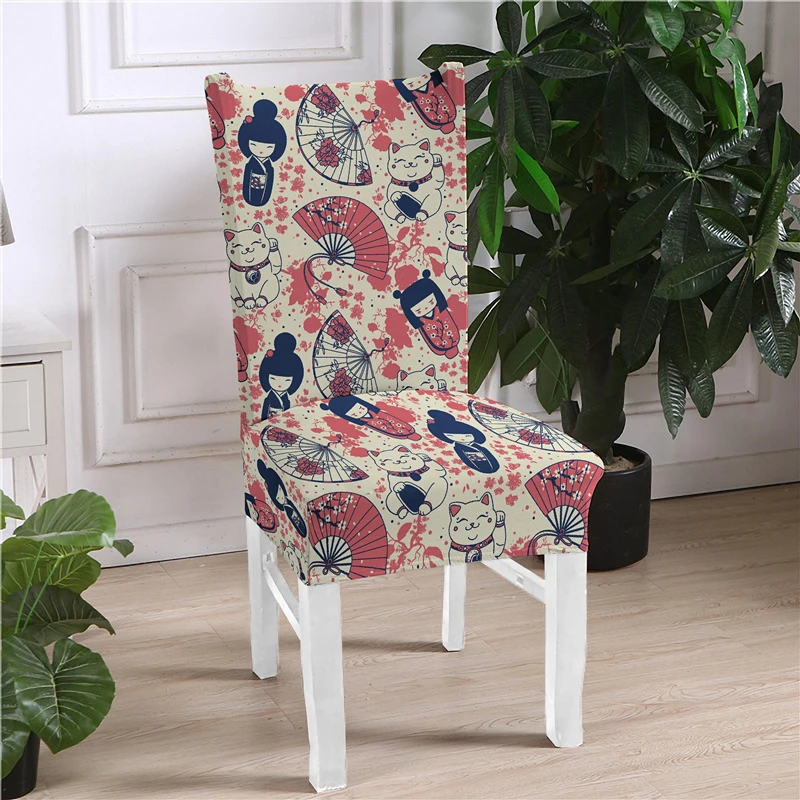 

Japanese Style Doll Print Elastic Chair Covers Removable Washable Stretch Universal Sizes Seat Slipcover For Banquet Dining Room