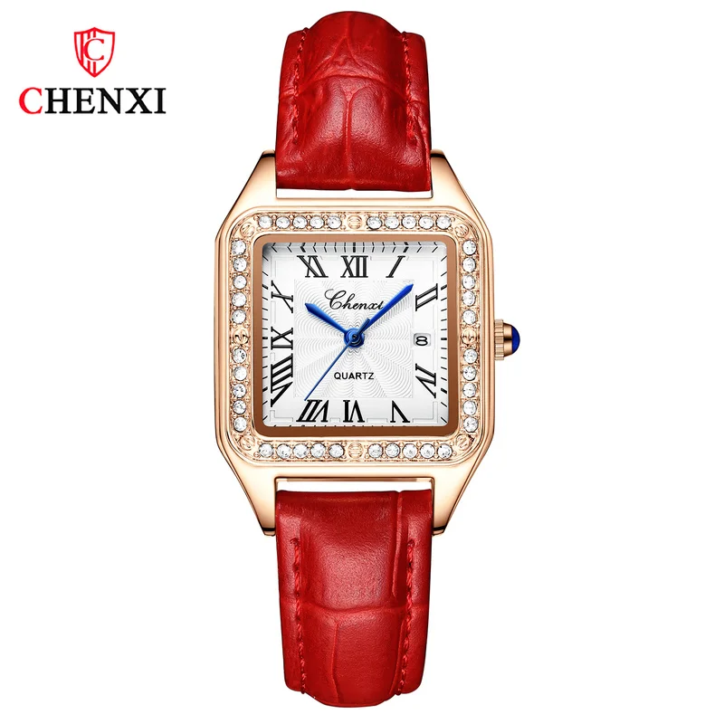 

CHENXI Women's Square Watch Luxury High-end Ultra-thin Diamond Craft Dial High-end Leather Strap Ladies Quartz Watch WA224