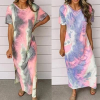 womens summer dress ladies fashion casual tie dye printed split short sleeve maxi dress party beach sundress vestido spring