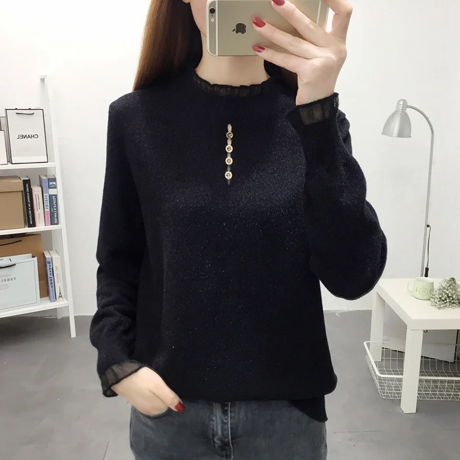 

BoozRey Korean Fashion Sweaters for Women Long Sleeve Half High Neck Autumn New Style Ladies Lace Bottoming Shirt Loose Sweater