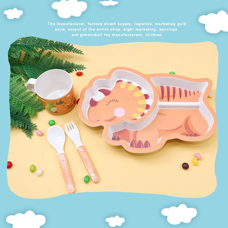 Cartoon creative bamboo fiber children's tableware set dinosaur baby Dishes kids dinner plate feeding training bowl fork spoon | Мать и