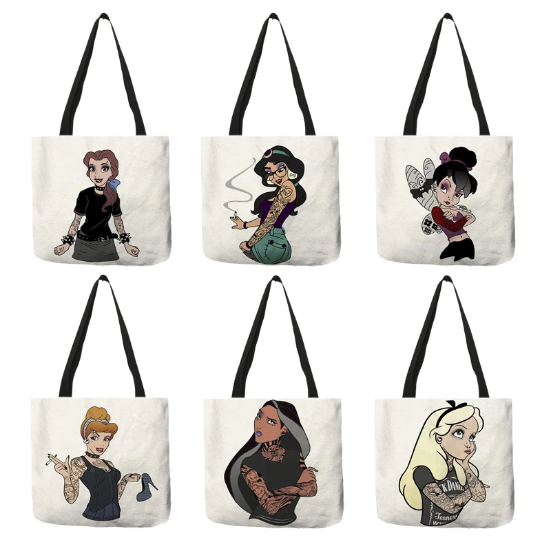 

B01110 Exclusive Custom Skull Princess Print Handbags for Women Casual Shoulder Bag Eco Reusable Shopping Bags Large Capacity