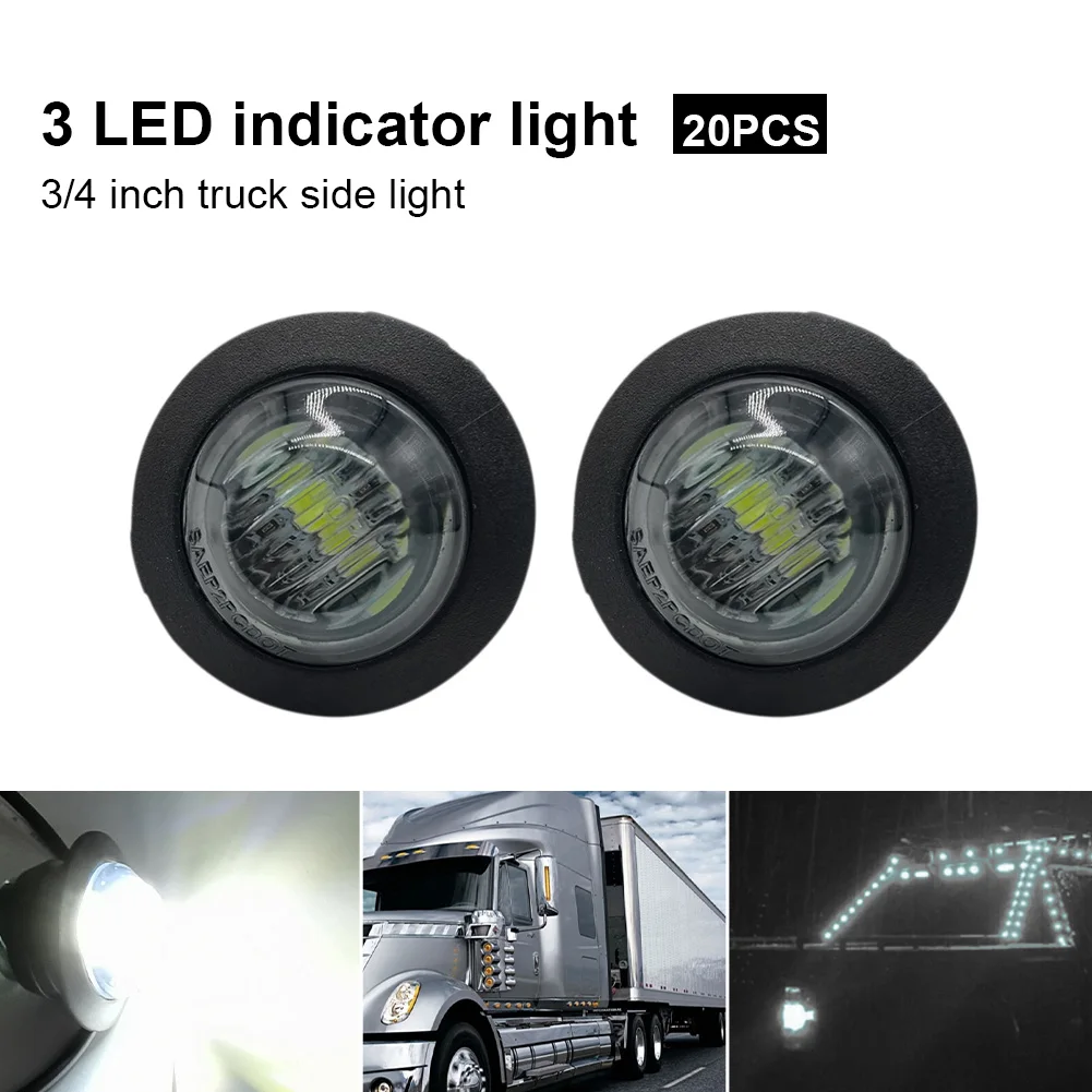 

20PCS 3/4 InchEmergency light Trailer Round Side Marker Lights 12V Smoked Shell 3LED safety lamp White Warning Lights for Trucks