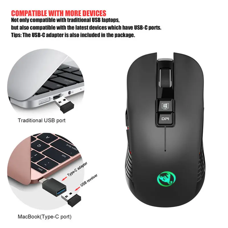 Hxsj T30 Беспроводная игровая мышь 3600 точек/дюйм перезаряжаемая 7 цветов подсветка