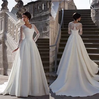 vintage 2021 new v neck wedding dresses long sleeve luxury wedding gown princess for women brides lace top satin bride dress