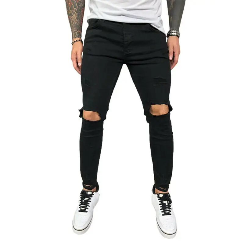 

Men Denim Jeans Pant Casual Skinny Bottom Elastic Ripped Frayed Pencil Trousers
