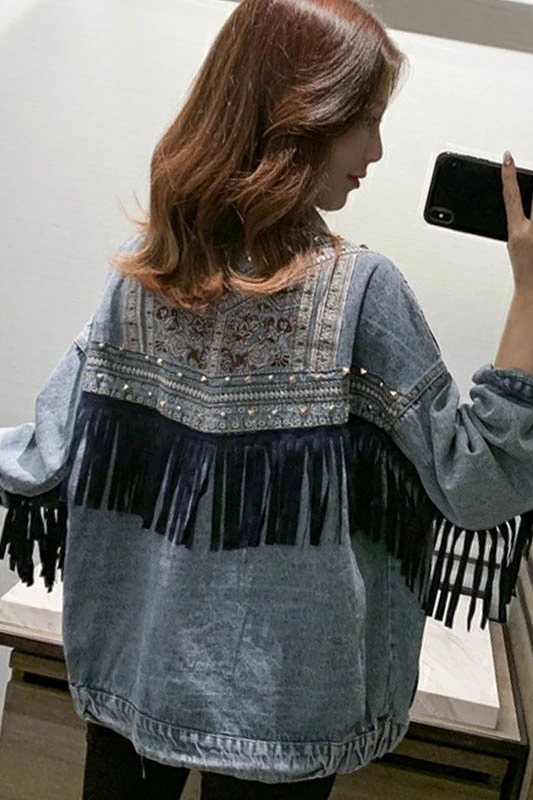 

2021 spring and autumn new embroidered tassel denim jacket female Korean loose casual retro Hong Kong style jacket trendy top