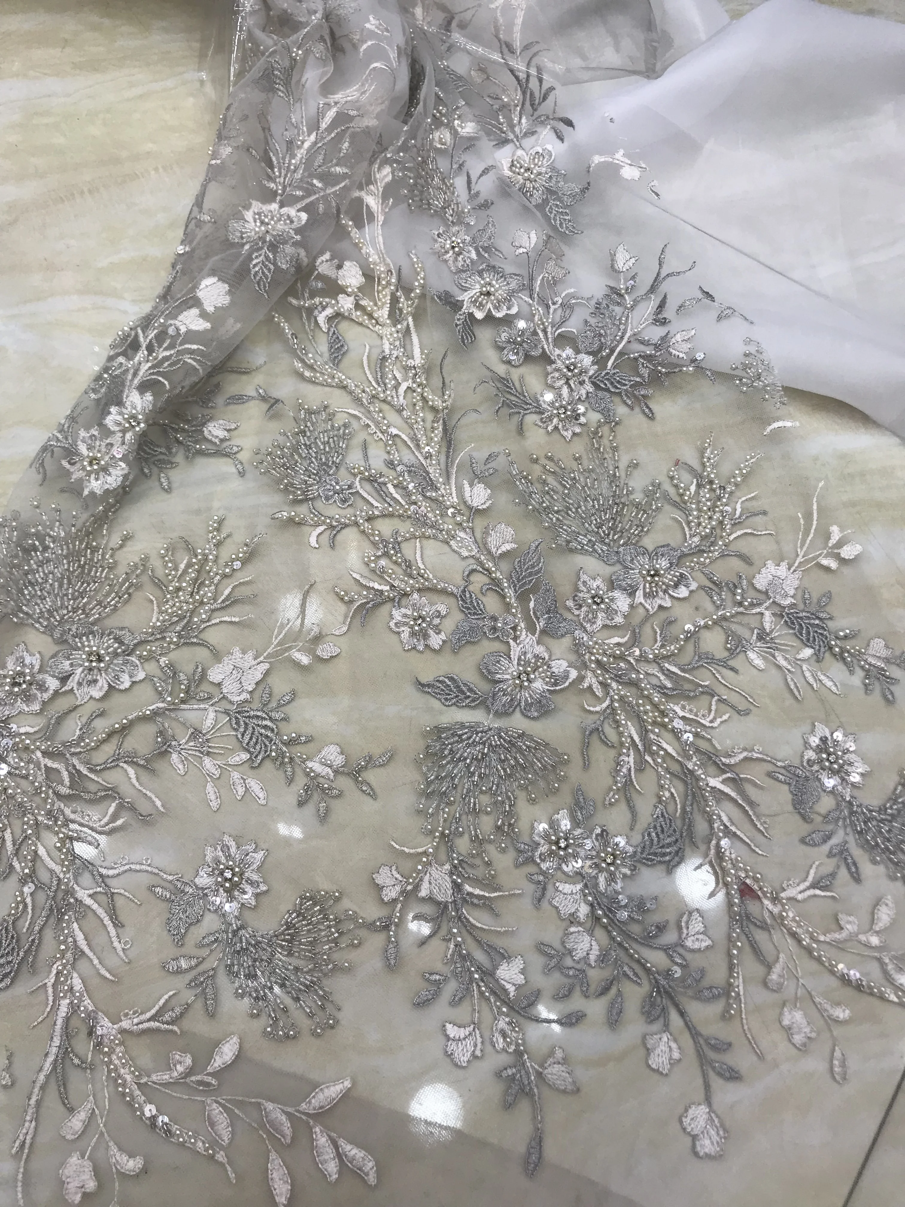 

fashion african lace fabric flower with beads embroidery SYJ-66688 French tulle lace fabric For Wedding dress
