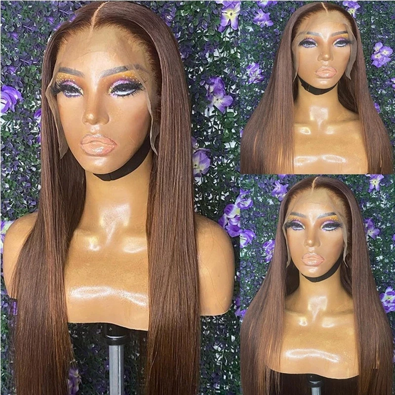 

Dark Brown Color Silky Straight 180Density Synthetic Hair Lace Front Wig For Black Women Fiber Preplucked Wigs Glueless Babyhair