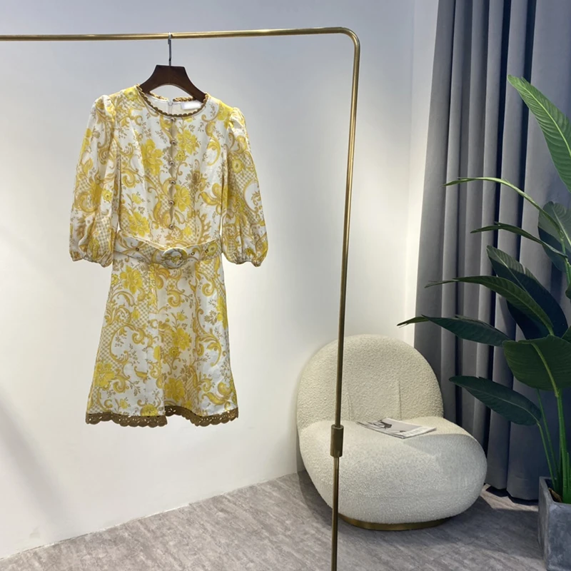 

100% Linen Top Quality Women Fashion Prairie Chic O-Neck Lantern Sleeve Yellow Floral Printing lace collar bottom Mini Dress