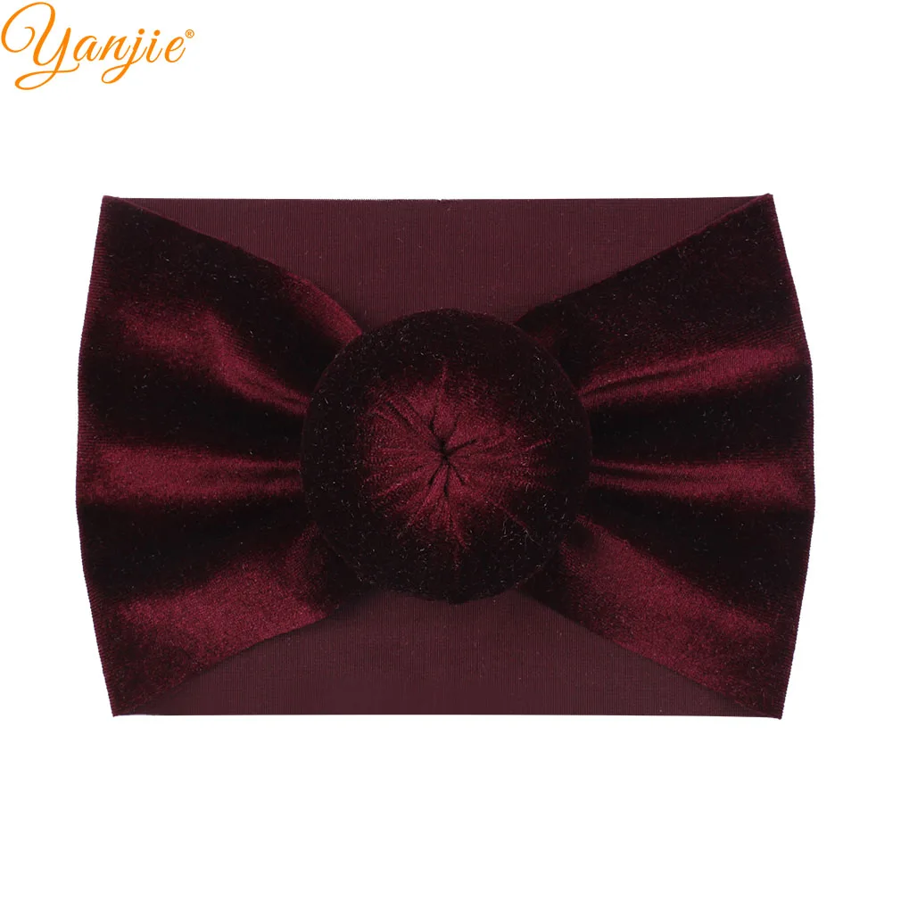 Headband A-burgundy Тюрбан с круглым помпоном из мягкого бархата для девочек; коллекция года; зимняя детская однотонная бархатная эластичная повязка на голову; резинки для волос; аксессуары для волос - Цвет: Headband A-burgundy