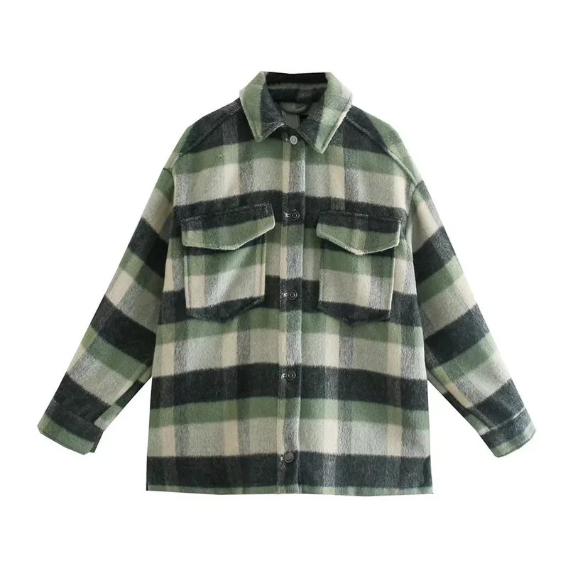 

Женская Повседневная рубашка ZA, универсальная свободная клетчатая рубашка с отложным воротником в европейском и американском стиле, осень ...