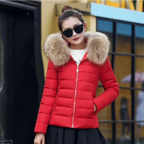 red Parkas Зимнее пальто, женская парка с капюшоном, тонкий меховой воротник, хлопковые куртки, пальто для женщин, теплая черная короткая женская куртка, верхняя одежда размера плюс - Цвет: red Parkas