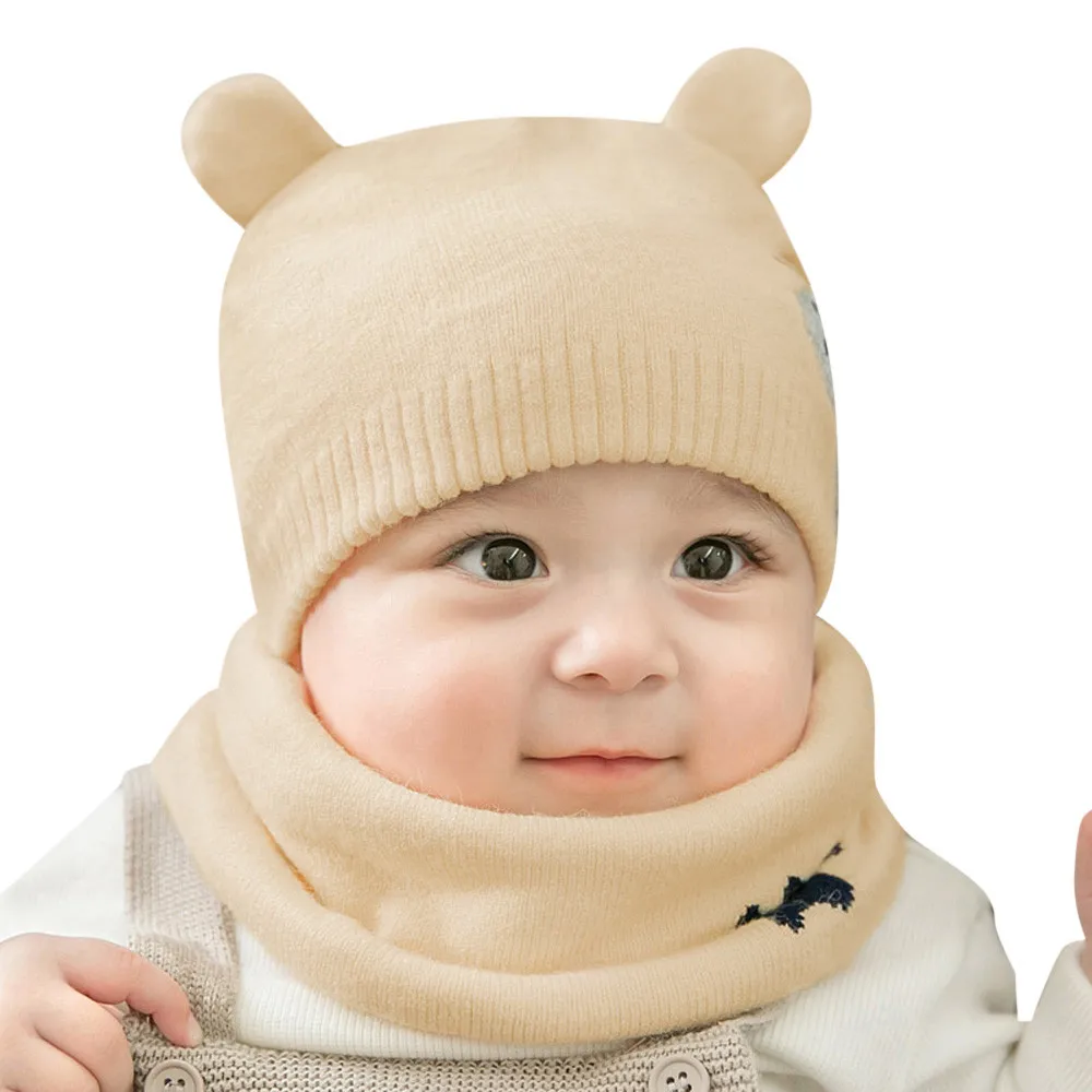 Beige B Комплект из 2 предметов Детский набор из шапки и шарфа с рисунком кошки медведя зимние Демисезонный теплые вязаные свитера для малышей Кепки мама детские шляпы кепки для девочек, мальчиков вязаная крючком для девочек, Для Мальчиков Шапка-бини - Цвет: Beige B