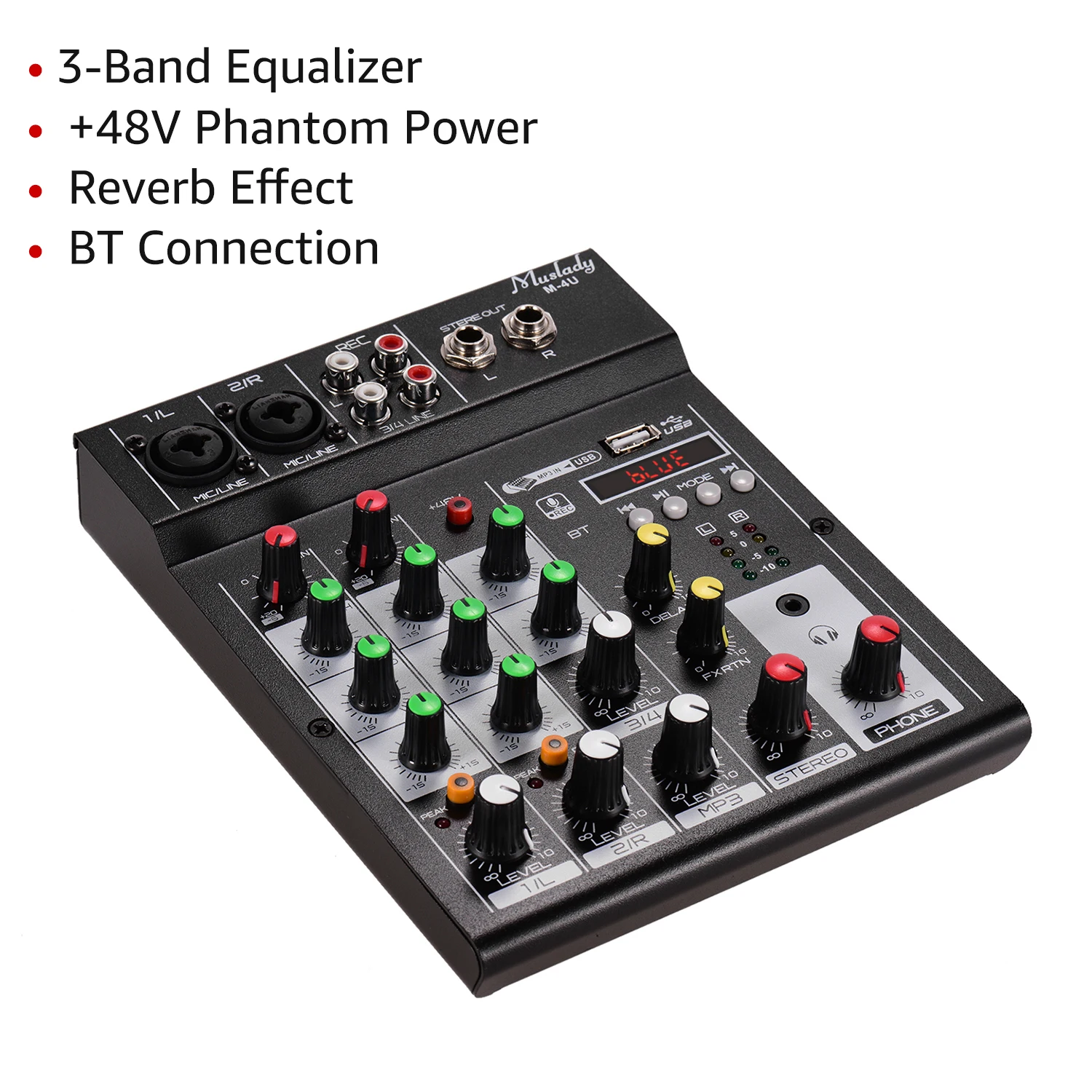 

Muslady M-4U Portable 4-Channel BT Mixing Console Digital Audio Mixer Built-in Reverb Effects 3-band EQ DC 5-12V Power Supply