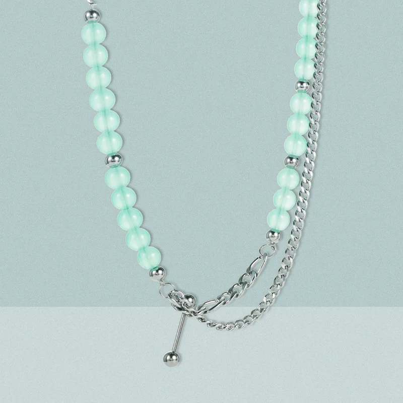 

Titanium Steel Multi layer Chains Women Neck Jewelry Handmade Acrylic Green Beads Choker Necklace Jewelry Beaded Necklaces