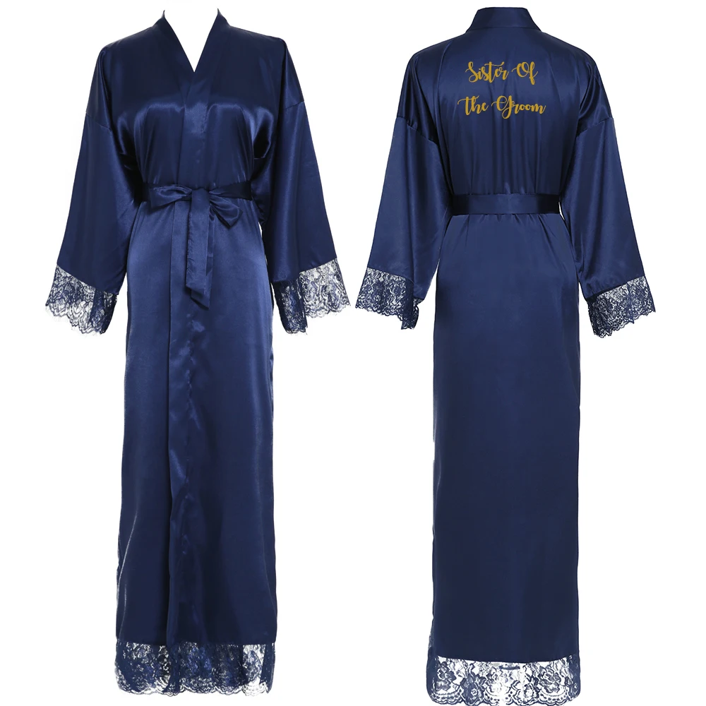 Blue Sister groom Темно-синее длинное простое кимоно для невесты, шелковый халат, атласное вечернее платье, свадебное платье, халат, кружевной халат, дамские халаты, горячее предложение - Цвет: Blue Sister groom