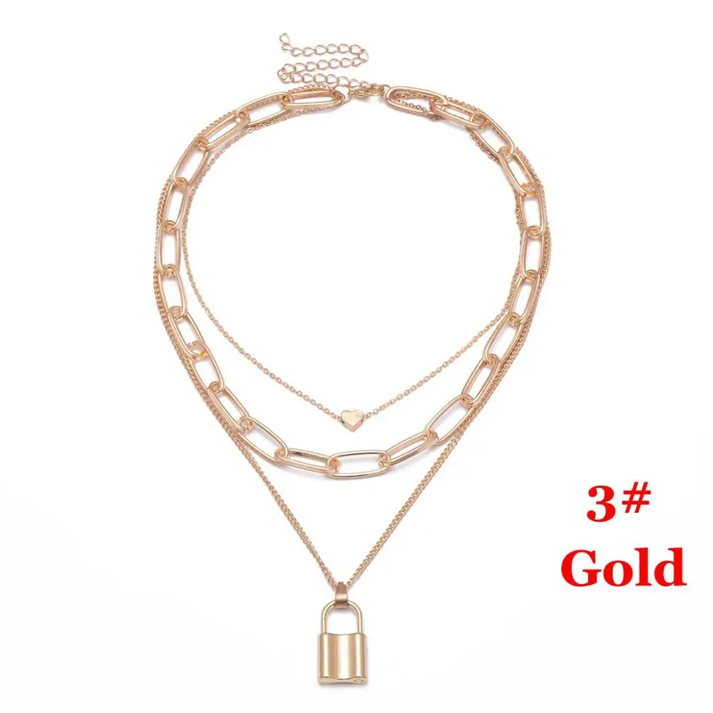 Gold 3 Новая мода Панк ожерелье ювелирные изделия Золотой Серебряный замочек кулон ожерелье s Нержавеющая сталь Rolo кабель цепи воротник - Окраска металла: Gold 3