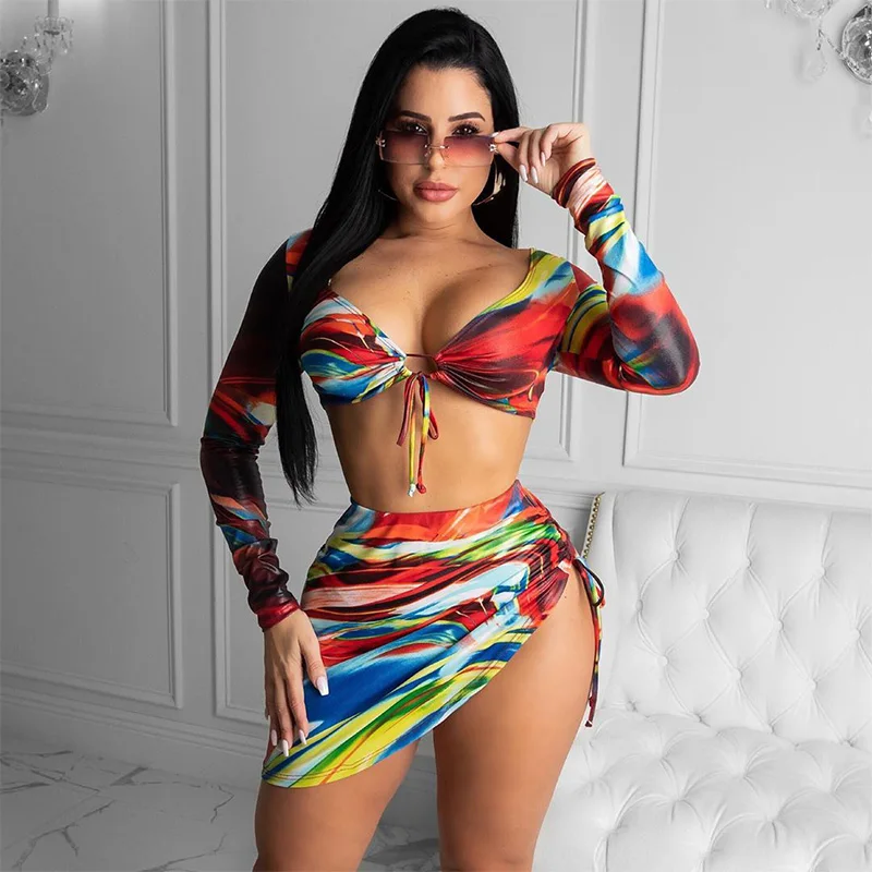 

Three Pieces Swimsuit w/ Matching Cover Up Set Sexy Tie Bikini with Bottom Swimsuits Sexy 3 Piece Swim Suit Long Sleeve Tankini