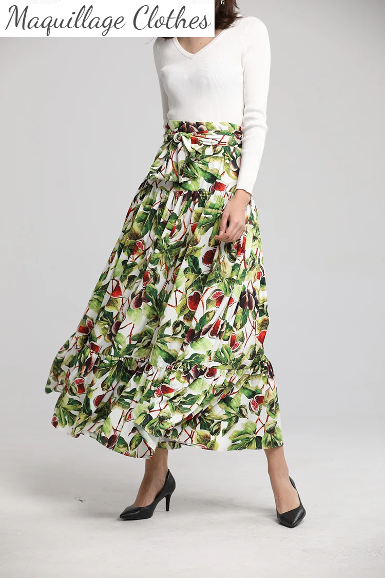 

Chic women elegant pleated skirts New 2021 spring runway high waist fruit print Skirt D791