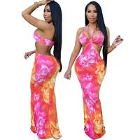 skmy summer clothes for women new tie dye printing boho dress sexy night club wear hollow out spaghetti strap long dresses