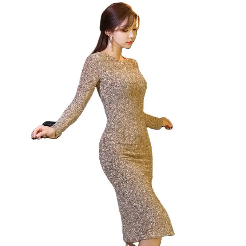 

3076# Winter Korean Style round Neck Backless V-neck Shining Side Slit Slim Dress