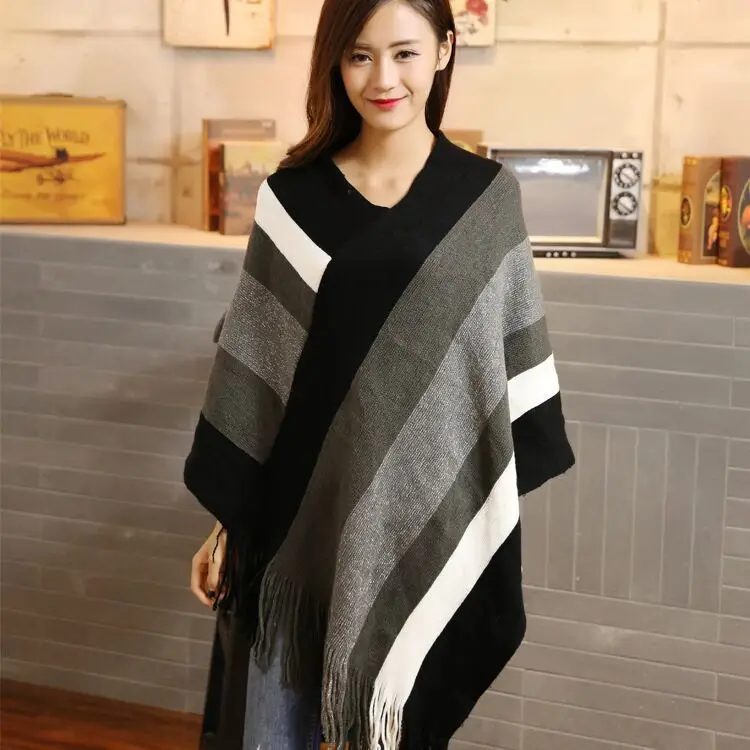 Striped Sleeveless Fringed Knitted Sweater Poncho Women Color Matching Round Neck Pullover Bat Female Spring 2021 |