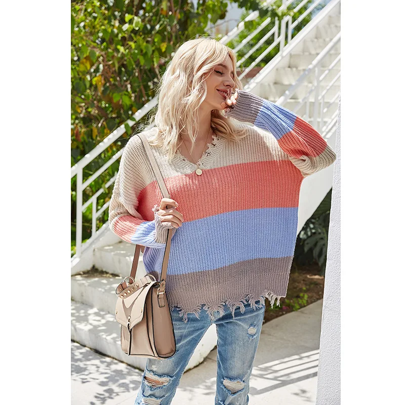 

LangHong 2020 Long Sleeved Back Women Sweater Pullovers Sweaters Autumn and Winter Striped Sweater