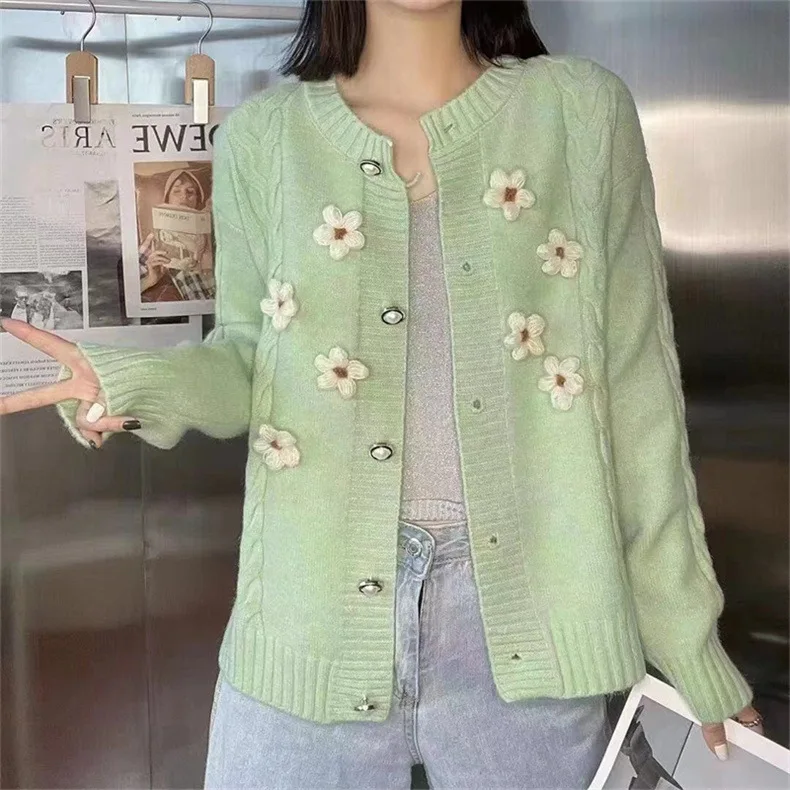 

Preppy Style Flower Knit Cardigans Sweater Women O Neck Loose elegaht Thicked Pull Femme Print Short Casual Coat