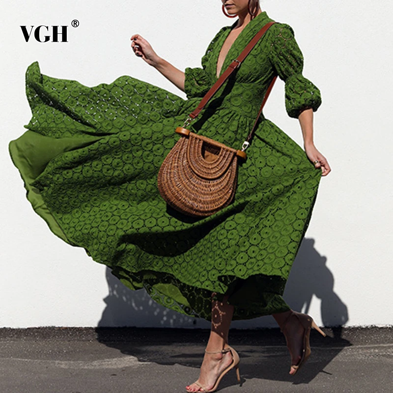 Женское платье с рюшами VGH винтажное V-образным вырезом рукавами-фонариками и