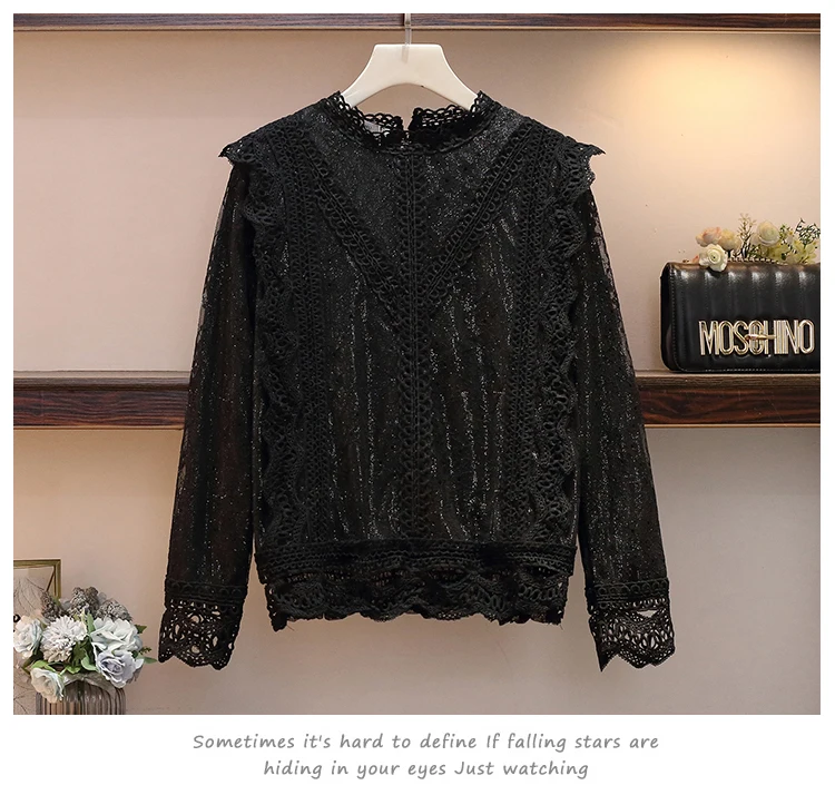 L-4XL размера плюс, Женская кружевная блузка, зима, модные кружевные вязанные крючком Лоскутные с длинным рукавом, утолщенные элегантные рубашки, женские топы