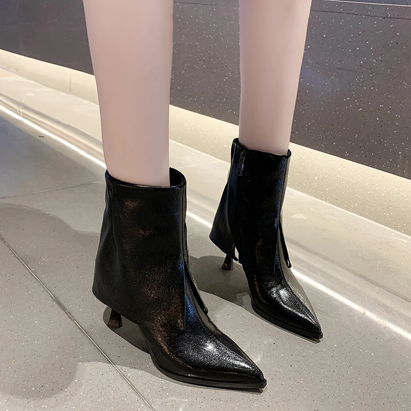 

2021 New Pointed Toe Mid Calf Boots Women Autumn Winter Fashion Zipper Botas High Heels Mujer Boots Thin Heels Ladies Shoe 34-39