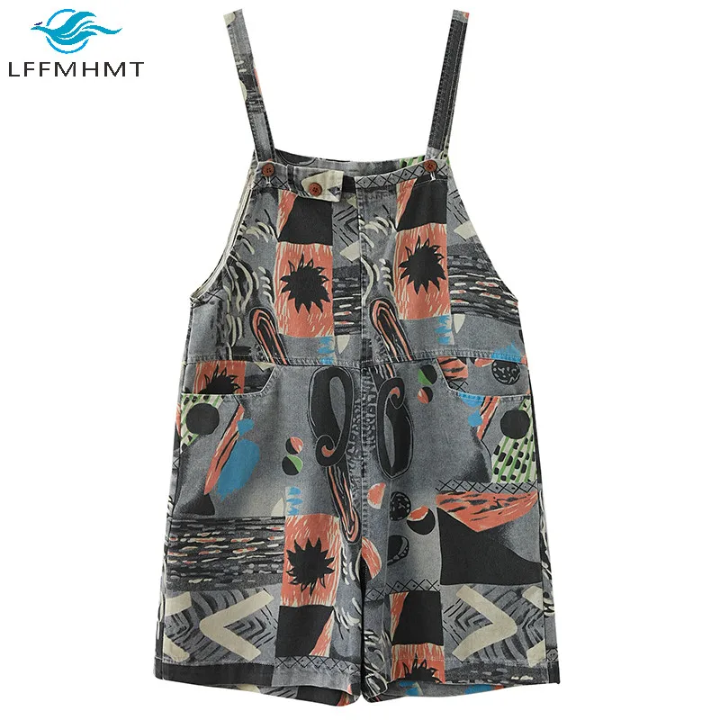 

6051 Women Summer Fashion Korean Thin Denim Shorts Student Casual Large Loose Vintage Print Suspender Playsuit Female Streetwear