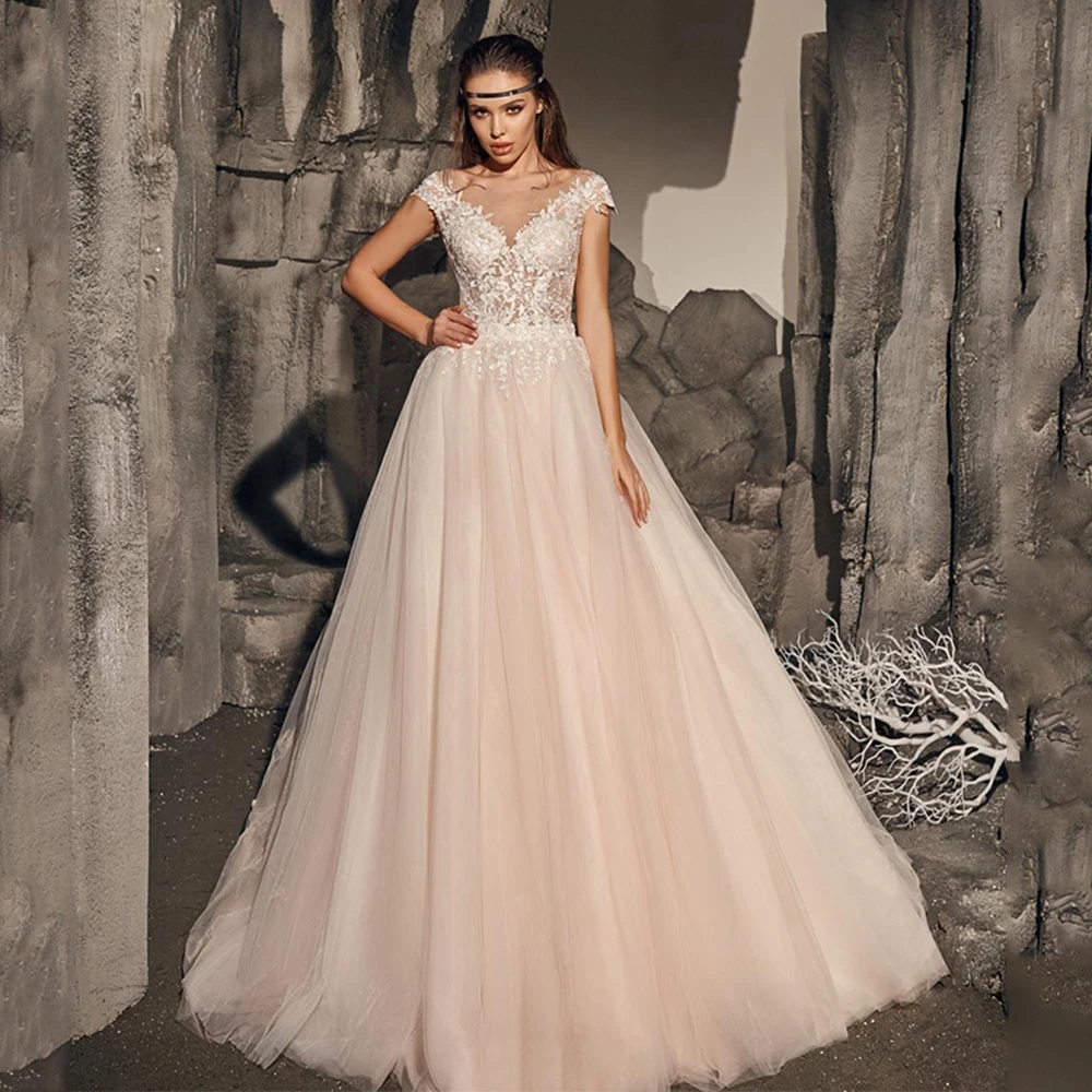 

Champagne Princess A-Line Tulle Wedding Dress V-Neck Sleeveless Zipper Back Sweep Train 2021 Bride Ball Gowns Vestido De Noiva