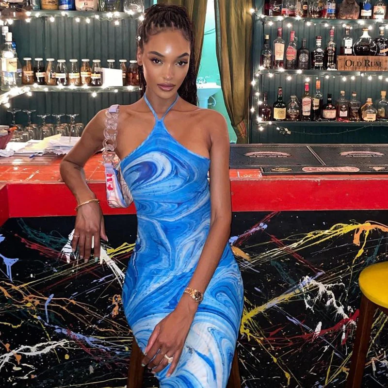 

Женское платье до щиколотки на шнуровке, платье с открытой спиной и принтом, одежда для ночного клуба, 2021