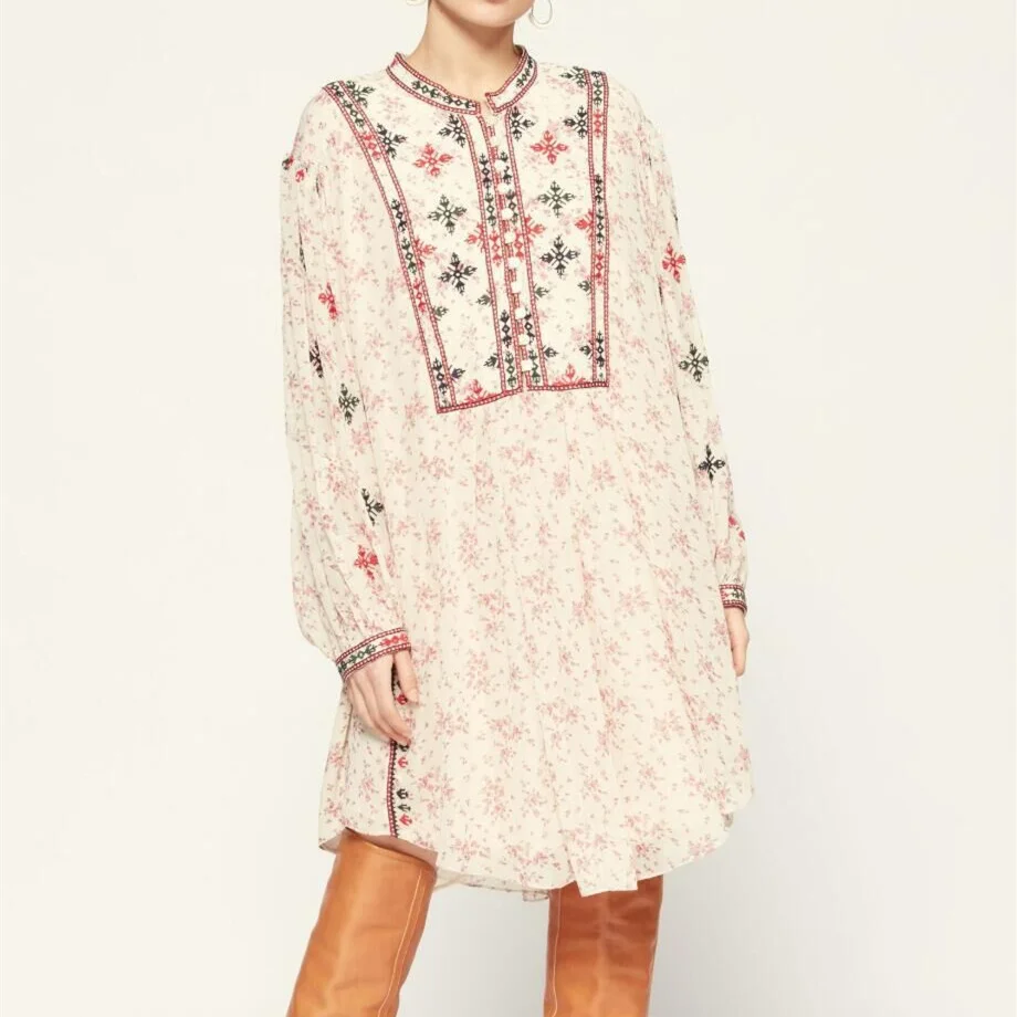 

2021 New Women Vintage Floral Embroideried Mini Dress Spring Summer Ladies Long Lantern Sleeve Fashion Loose Short Robe Dresses