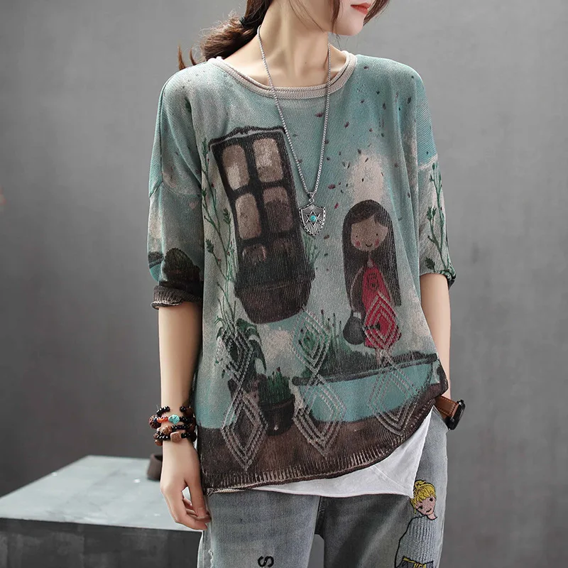 European Women Punk Knitwear Ladies Knitted Cotton Sweaters Autumn Pullovers Vintage Printed Jumper Fashion | Женская одежда