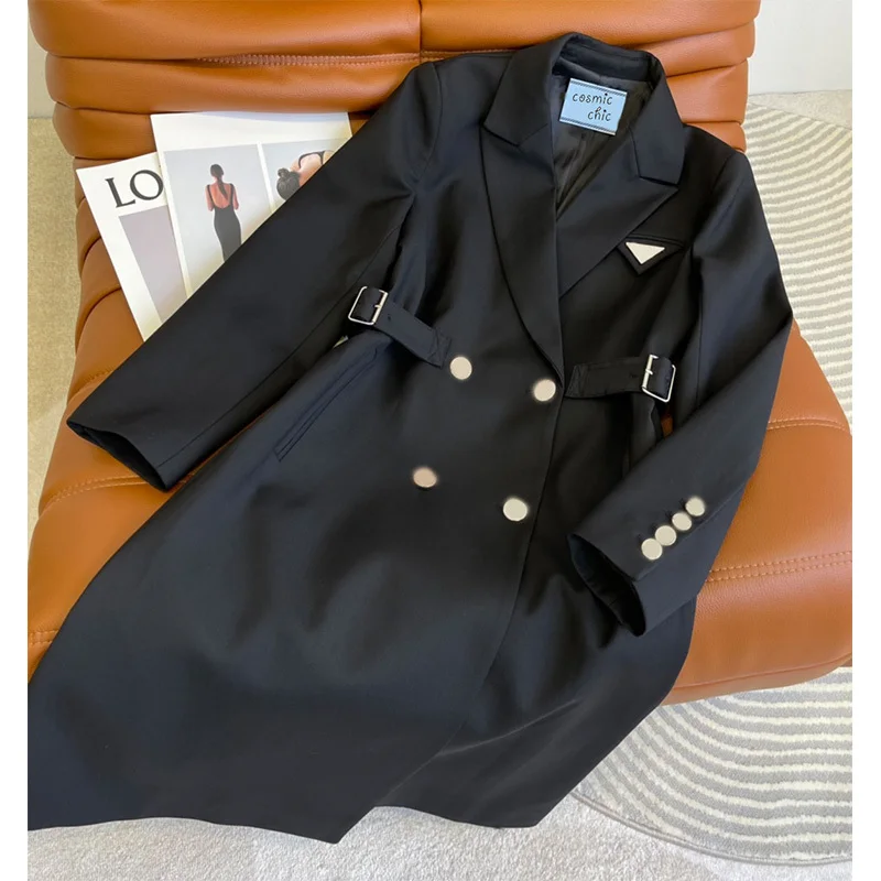 

Fashioneye 21 Autumn Women Long Wool Coat Retro Long Sleeve Double Breasted Pull Blazer Coat Triangle Metal Letter Buckle Jacket