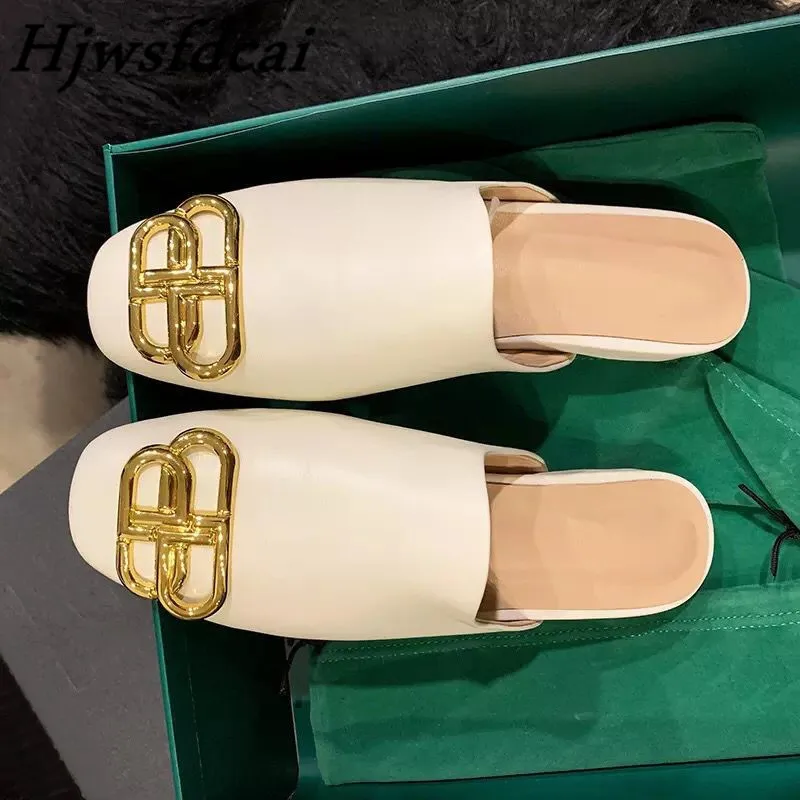 

Hjwsfdcai Square Toe Leather Women Mule Shoes Metal Decors Casual Shoes Black Beige Summer Lady Flat Shoes Women Slippers
