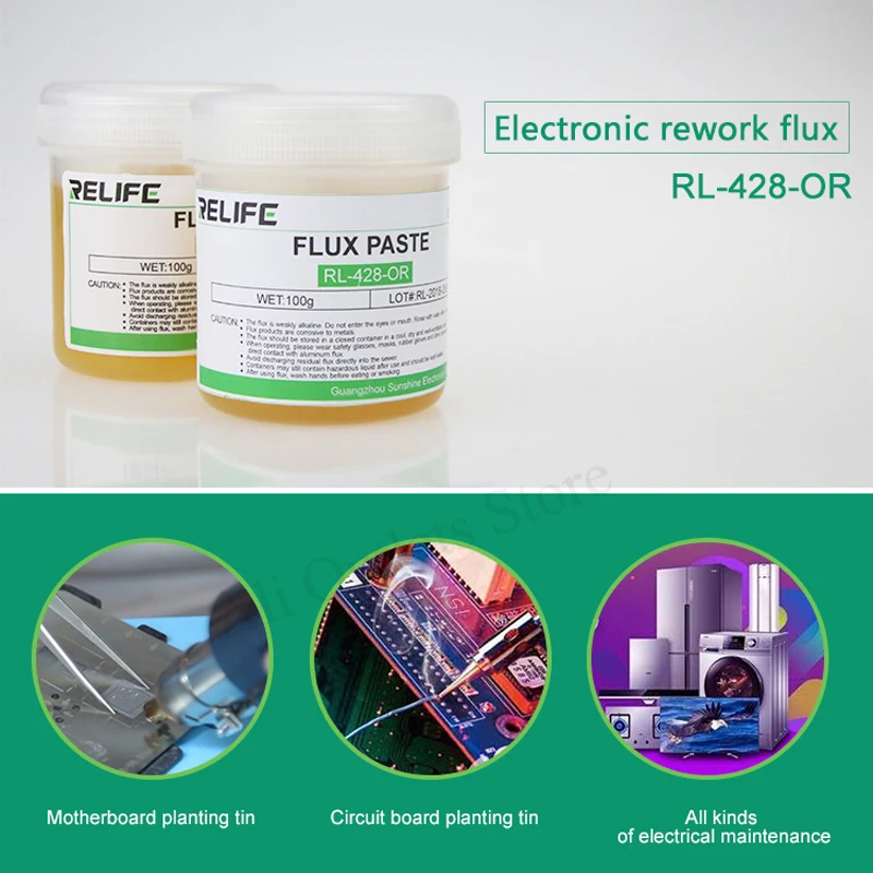 

Флюс RELIFE RL-428-OR 100g PCB SMD BGA, бессвинцовая и галогенная, экологически чистая паяльная паста с канифолью без очистки