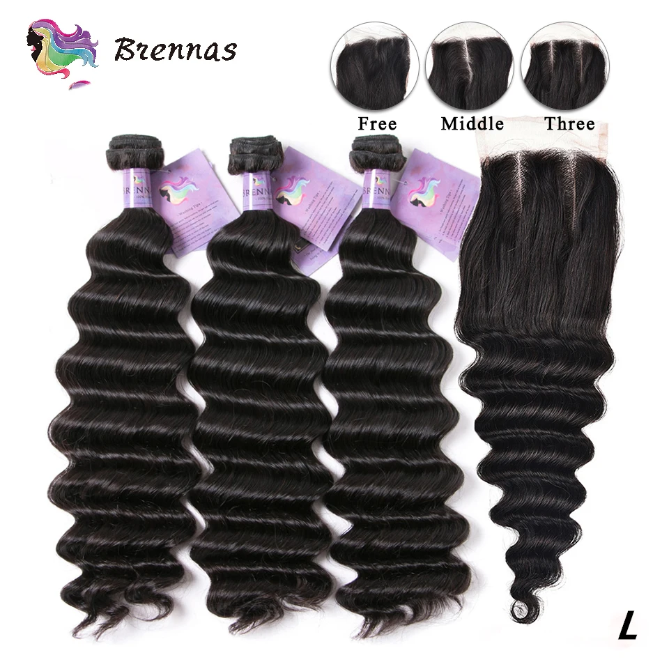 

Loose Deep wave bundles With Closure for women Brazilian hair weft 4x4 lace closure human hair weaving Remy hair 8-26'' Brennas